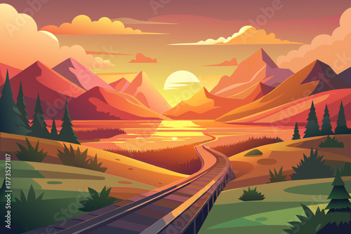 Scenic mountain landscape with railway tracks at sunset
