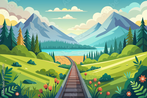 Scenic mountain landscape with a railway track leading to a lake