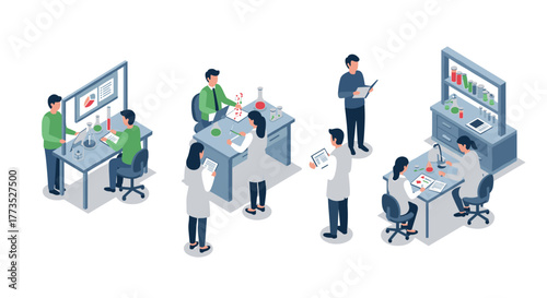 Modern laboratory workspace with scientists and researchers in isometric design