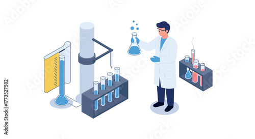 Scientist working in modern laboratory with chemical equipment in isometric design