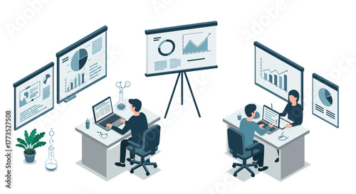 Modern office workspace with business analytics and team collaboration in isometric style