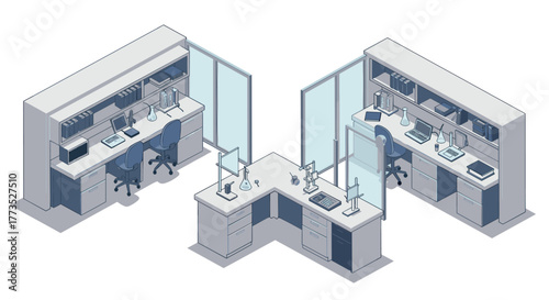 Modern office workspace with desks, chairs, and laptops in isometric view