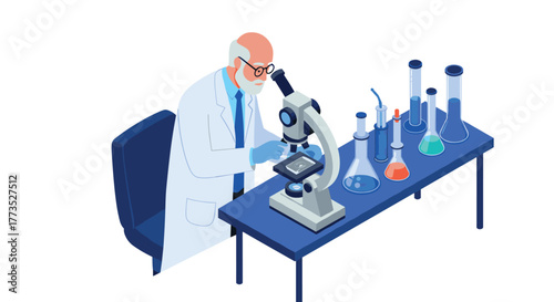 Scientist conducting laboratory experiment with microscope and beakers in modern lab setting
