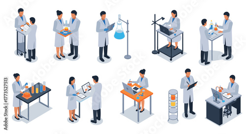 Isometric scientists working in laboratory environments with equipment and experiments