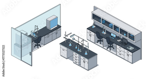 Modern isometric laboratory design with workstations and equipment