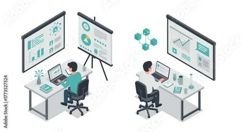 Isometric office teamwork: two colleagues analyze data on computers and charts
