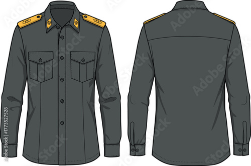 Military uniform shirt front and back view with gold epaulettes, insignia details, long sleeves, vector illustration for design reference