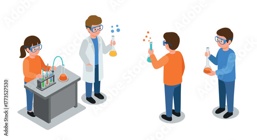 Isometric science experiment scene with diverse characters in a lab setting