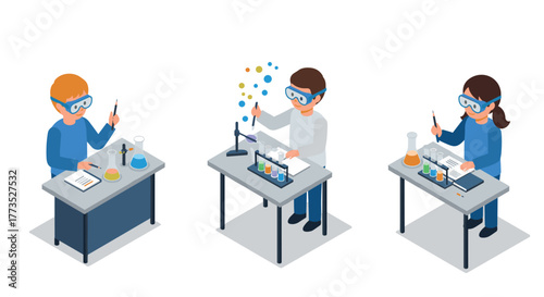 Isometric chemistry lab activities with students wearing safety goggles