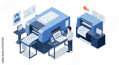 Modern printing office with digital printers and designer in isometric style