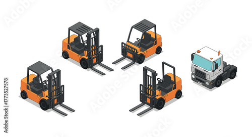 Isometric forklifts and truck illustration in industrial style