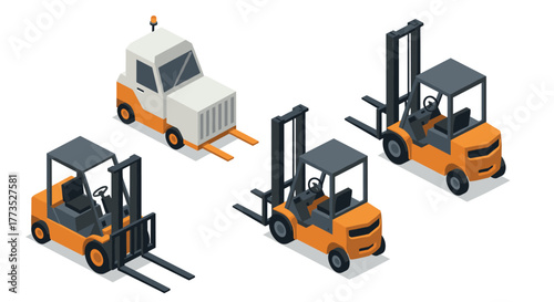 Isometric forklift and pallet truck set on white background