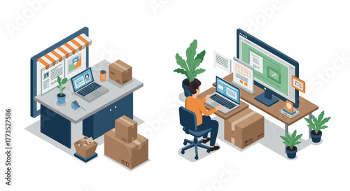 Isometric workspace designs with online store and home office features