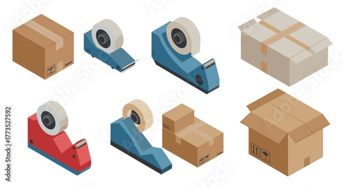 Isometric packaging tools and boxes set for shipping and storage design