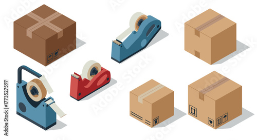 Isometric packaging tools and boxes with tape dispensers in various angles