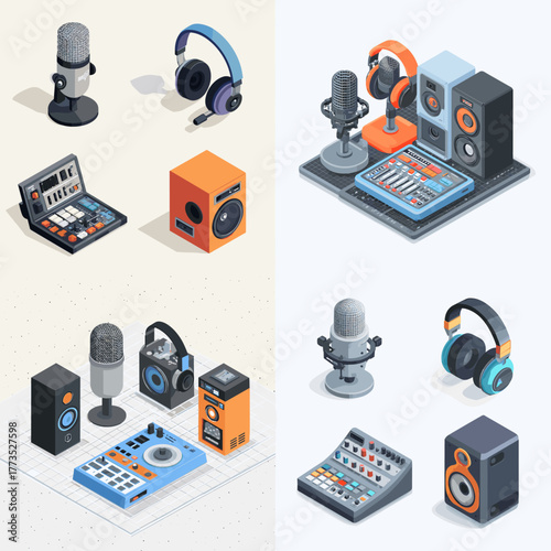 Isometric vector illustration of podcast studio setup with microphones, headphones, speakers, and audio mixers, perfect for broadcasting, music, and content creation themes.
