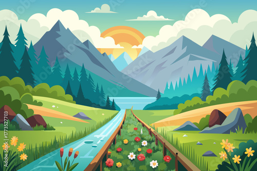 Train tracks alongside a river leading to a lake with mountains and a sunset