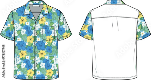 Technical flat sketch of tropical floral shirt front and back view with blue yellow flowers, green leaves, summer fashion vector design