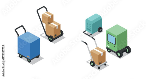 Isometric delivery carts and boxes on a white background