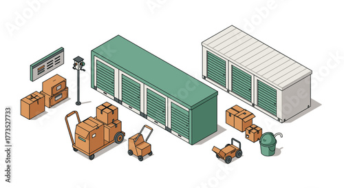 Isometric self storage units and moving supplies on white background