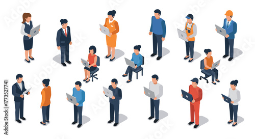 Diverse group of isometric professionals using laptops on white background