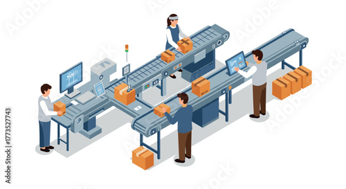 Isometric factory automation with workers and conveyor belts in modern warehouse