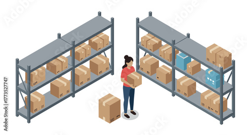 Worker organizing boxes in warehouse with shelving units in isometric style