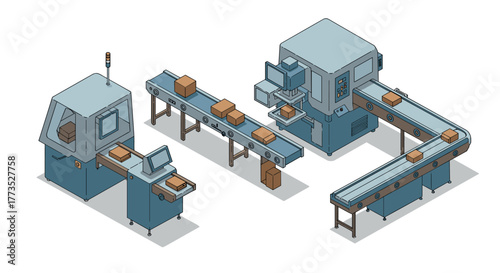 Isometric conveyor belt system for automated box packaging and sorting