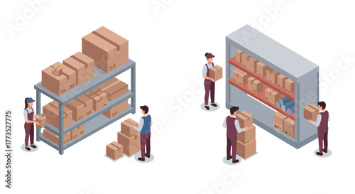 Warehouse organization with workers arranging boxes on shelves in isometric style