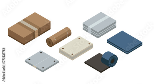 Assorted isometric building materials in a flat design layout