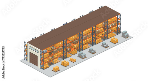 Isometric warehouse with stacked boxes and industrial shelving