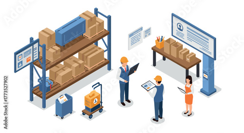 Modern warehouse management isometric design with workers and digital interfaces