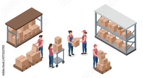 Warehouse workers organizing boxes in isometric style with shelving units
