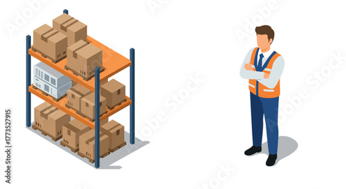 Isometric warehouse worker with shelving unit and cardboard boxes