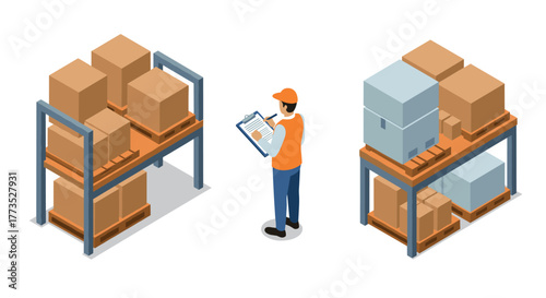 Isometric warehouse worker checking inventory on shelves with boxes