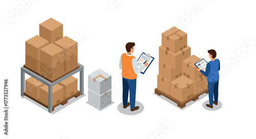 Isometric warehouse management with workers checking inventory and boxes