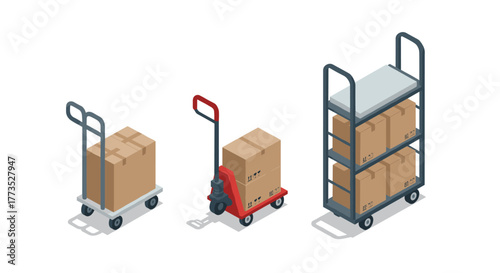Isometric warehouse hand trucks with carton boxes on white background