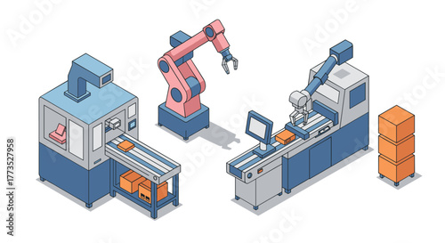 Isometric factory automation concept with robotic arms and production line