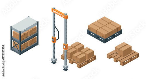 Isometric warehouse equipment and cardboard boxes for logistics and storage solutions