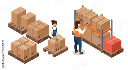 Warehouse operations with workers and pallets in isometric style