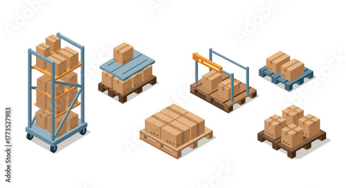 Isometric warehouse packaging solutions with boxes on pallets and carts