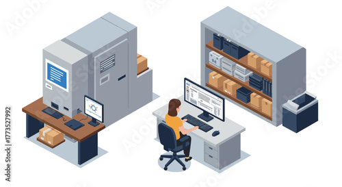 Isometric office workspace with server room and storage shelves