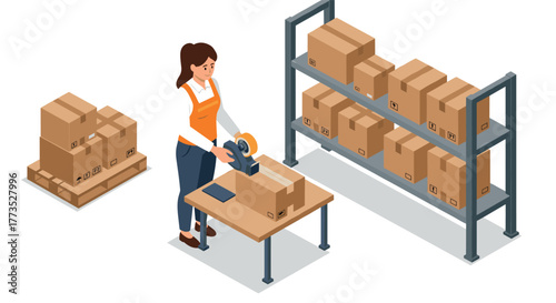 Warehouse worker packing boxes in a modern storage facility isometric style