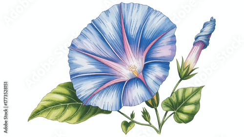 A detailed watercolor illustration of a large blue morning glory flower with delicate veining patterns 