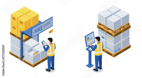 Warehouse automation with workers operating high-tech inventory systems in isometric style