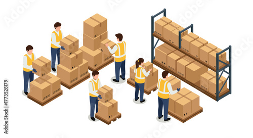 Warehouse workers organizing cardboard boxes in isometric style