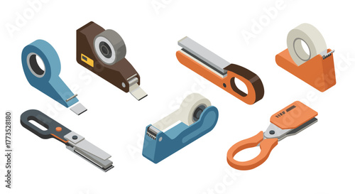 Isometric cutting tools set: tape dispensers, box cutters, scissors in modern design