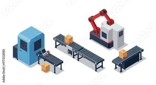 Isometric industrial automation with conveyor belts and robotic arm