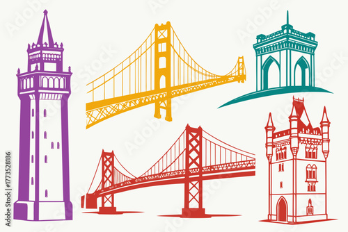 Bridge and Tower Silhouette Pack Isolated on White Background