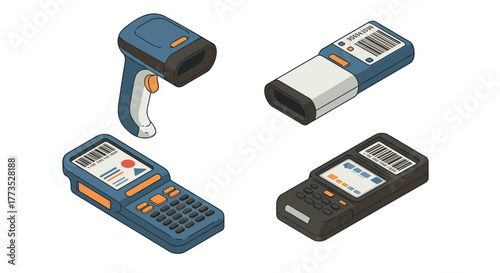 Modern isometric barcode scanners and readers set for retail and inventory management